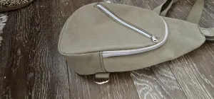 ** sale ** leather sling Moss colored.            slanted front zipper