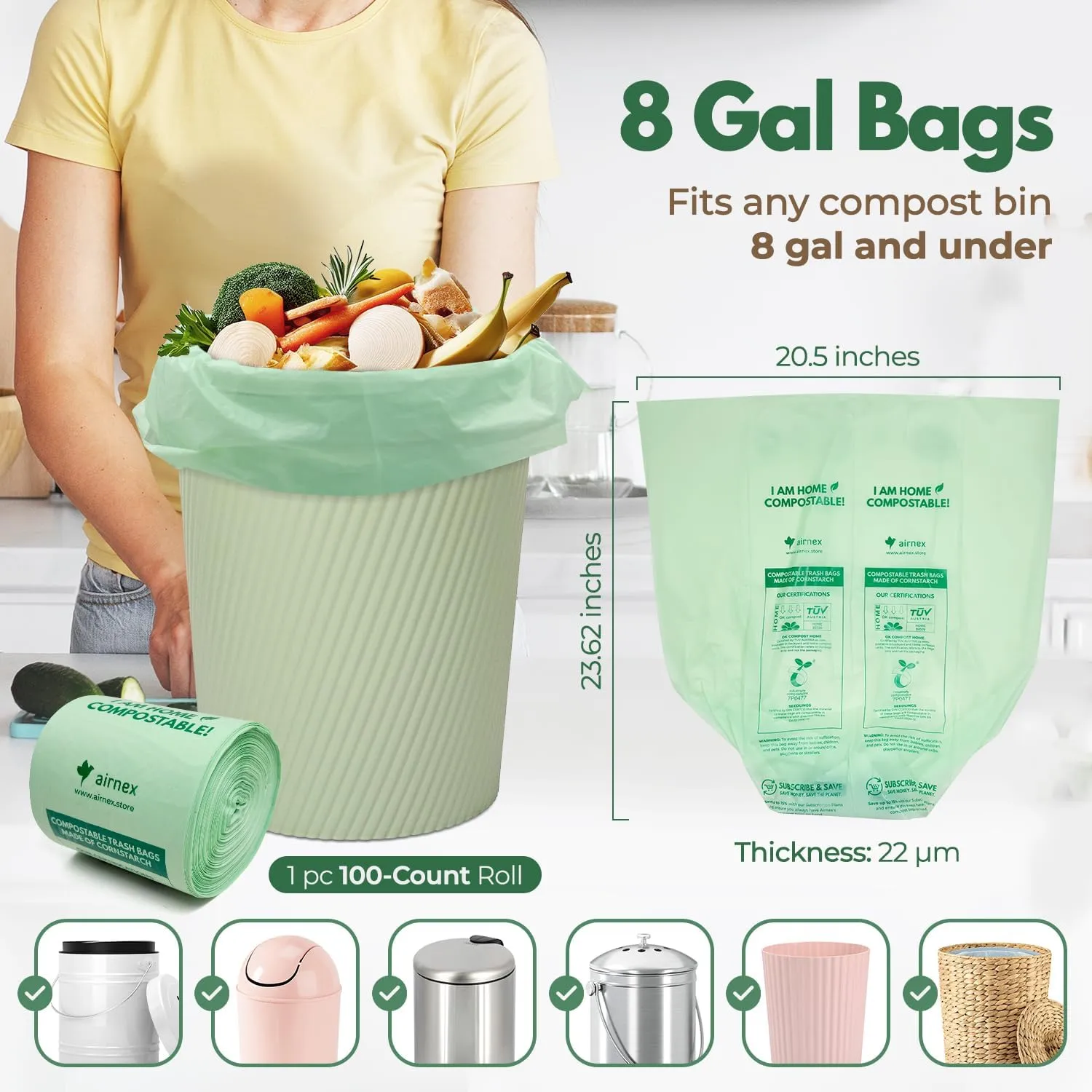 100 Count Compost Bags for Countertop Bin 8 Gal - 100% Compostable Trash Bags made of Cornstarch - Leakproof & Tear Resistant Biodegradable Trash Bags - OK Compost Home & Seedlings Certified