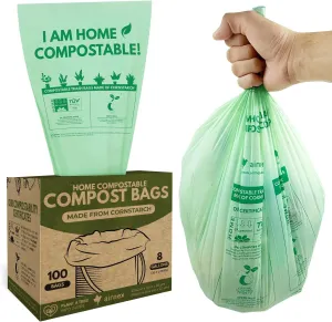 100 Count Compost Bags for Countertop Bin 8 Gal - 100% Compostable Trash Bags made of Cornstarch - Leakproof & Tear Resistant Biodegradable Trash Bags - OK Compost Home & Seedlings Certified