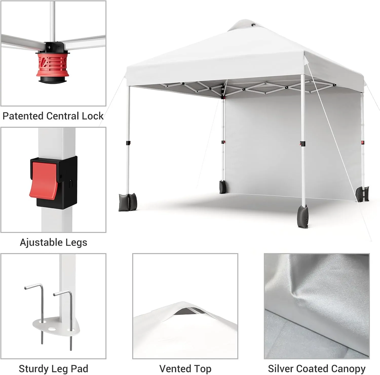 10x10 Pop Up Canopy Tent, Portable Instant Commercial Canopy with 1 Sidewall, Patio Tent with Vented Top Roller Bag 4 Sandbags 4 Ropes and 8 Tent Stakes,White
