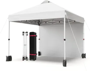 10x10 Pop Up Canopy Tent, Portable Instant Commercial Canopy with 1 Sidewall, Patio Tent with Vented Top Roller Bag 4 Sandbags 4 Ropes and 8 Tent Stakes,White