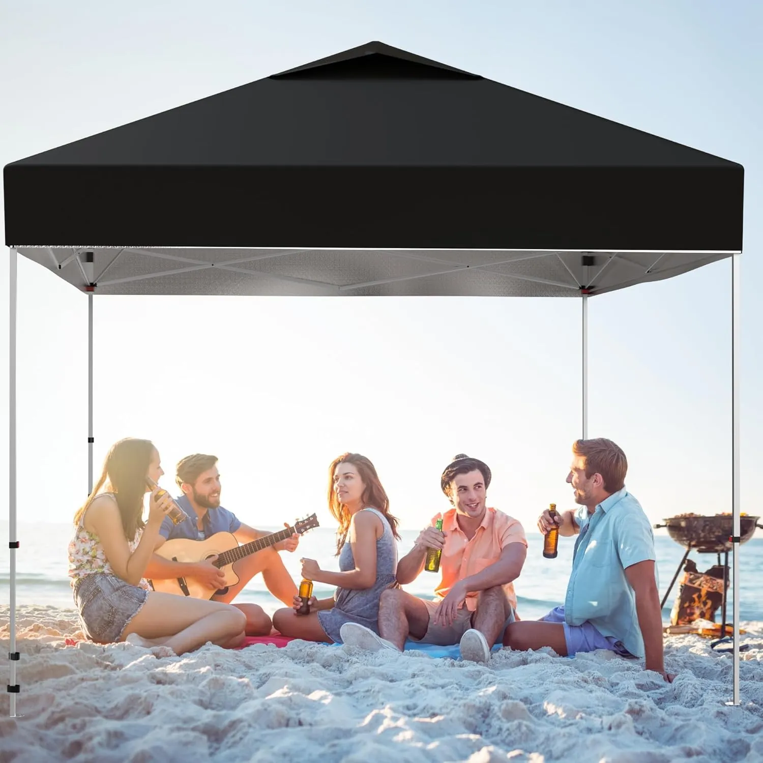 10x10 Pop Up Canopy with 1 Sidewall, Outdoor Canopy Tent, Easy Set Up Beach Tent with Vented Top Portable Roller Bag 4 Sandbags 4 Ropes and 8 Stakes, Height Adjustable (Black)