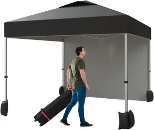 10x10 Pop Up Canopy with 1 Sidewall, Outdoor Canopy Tent, Easy Set Up Beach Tent with Vented Top Portable Roller Bag 4 Sandbags 4 Ropes and 8 Stakes, Height Adjustable (Black)