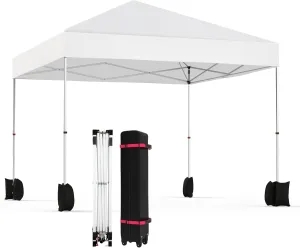 10x10ft Pop Up Canopy Tent, 1-Person Setup Instant Tent, Portable Commercial Silver Coated Outdoor Patio Canopies w/Wheeled Bag, 4 Sandbags for Party, Camping, Outdoor Activities, White