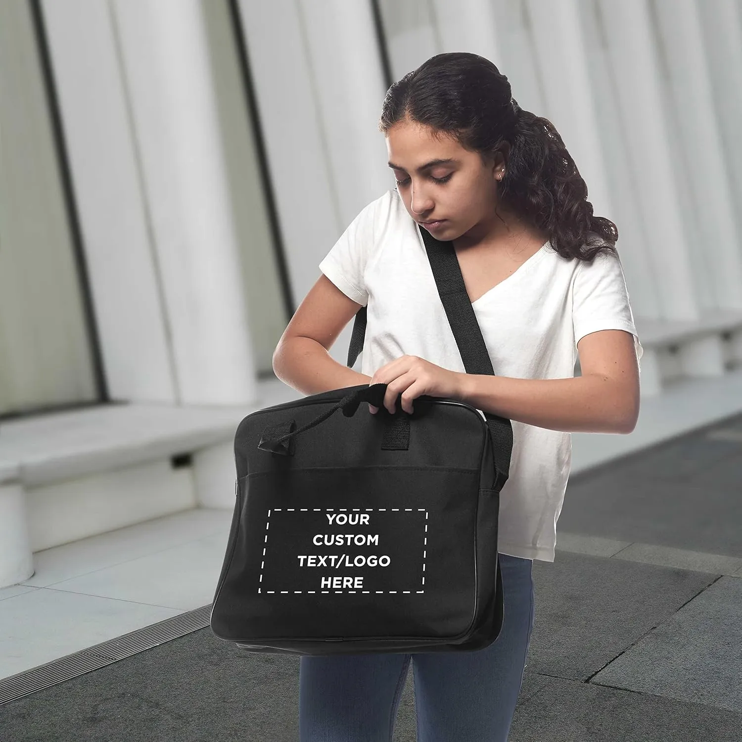 12 Polyester Messenger Bags Set - Customizable Text, Logo - Adjustable Straps, Reinforced Straps, Front Pocket, Everyday Use - Black