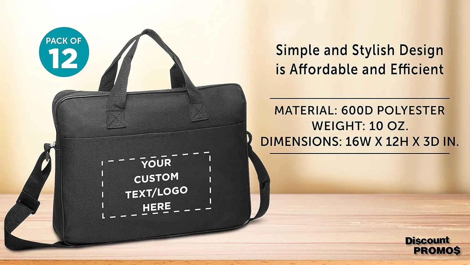 12 Polyester Messenger Bags Set - Customizable Text, Logo - Adjustable Straps, Reinforced Straps, Front Pocket, Everyday Use - Black