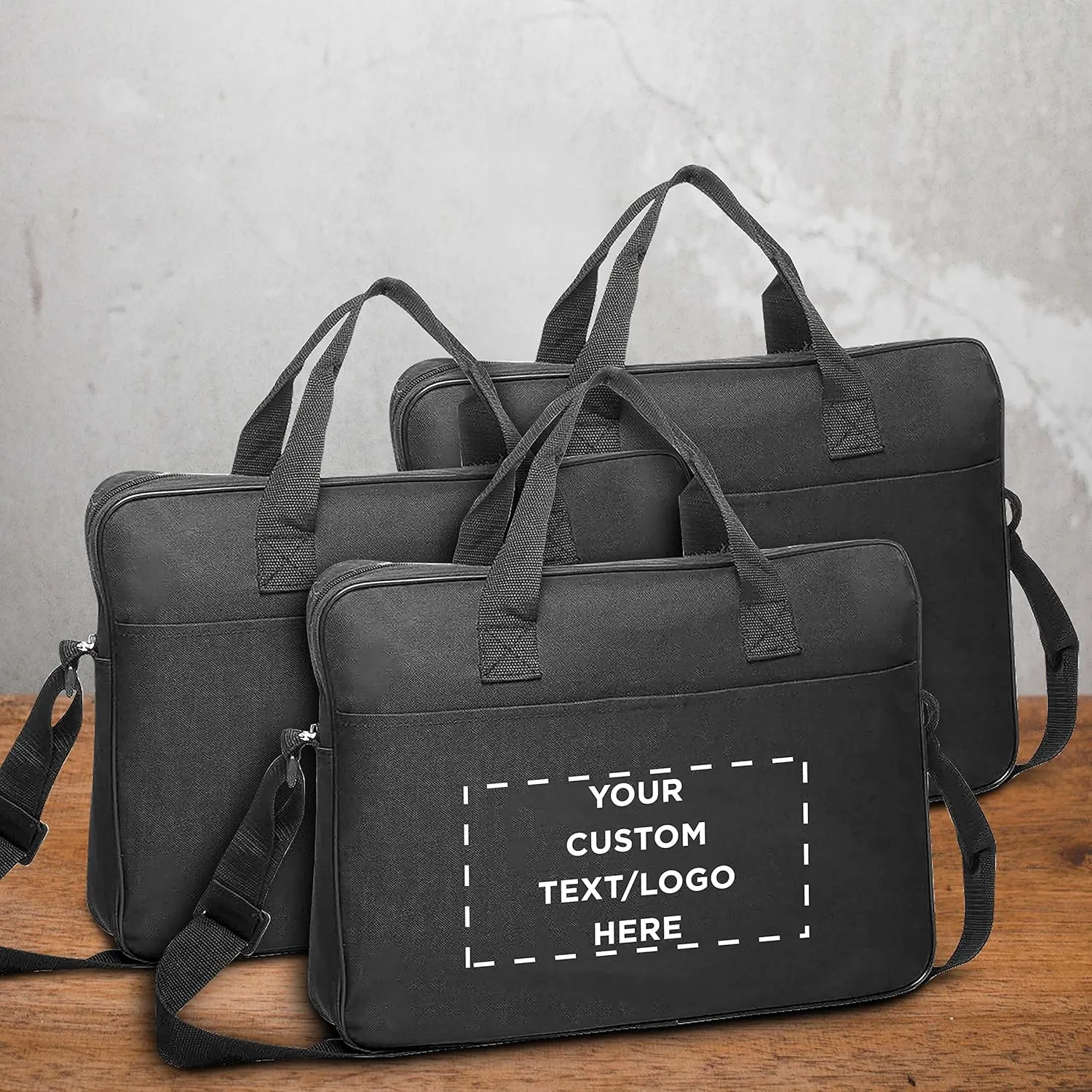 12 Polyester Messenger Bags Set - Customizable Text, Logo - Adjustable Straps, Reinforced Straps, Front Pocket, Everyday Use - Black