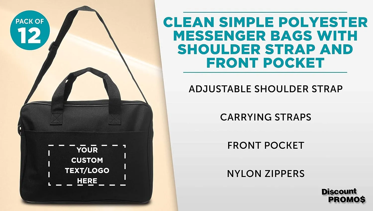 12 Polyester Messenger Bags Set - Customizable Text, Logo - Adjustable Straps, Reinforced Straps, Front Pocket, Everyday Use - Black