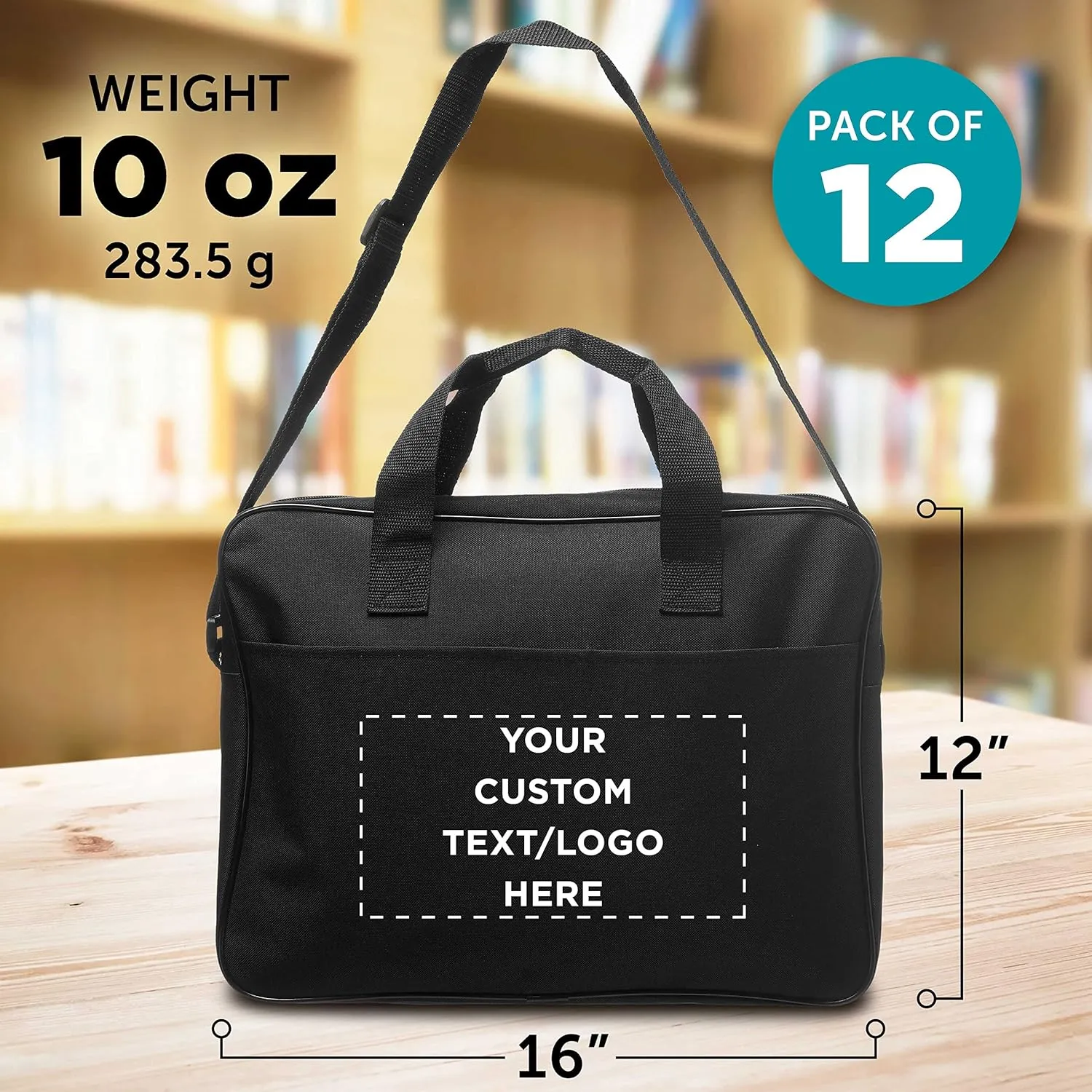 12 Polyester Messenger Bags Set - Customizable Text, Logo - Adjustable Straps, Reinforced Straps, Front Pocket, Everyday Use - Black