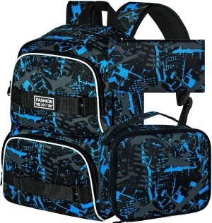 17 Inches Backpack for Boys Men, 3Pcs College Laptop Backpacks with Lunch Bag, Water Resistant Graffiti School Bookbag Set for Teens Students(Blue)