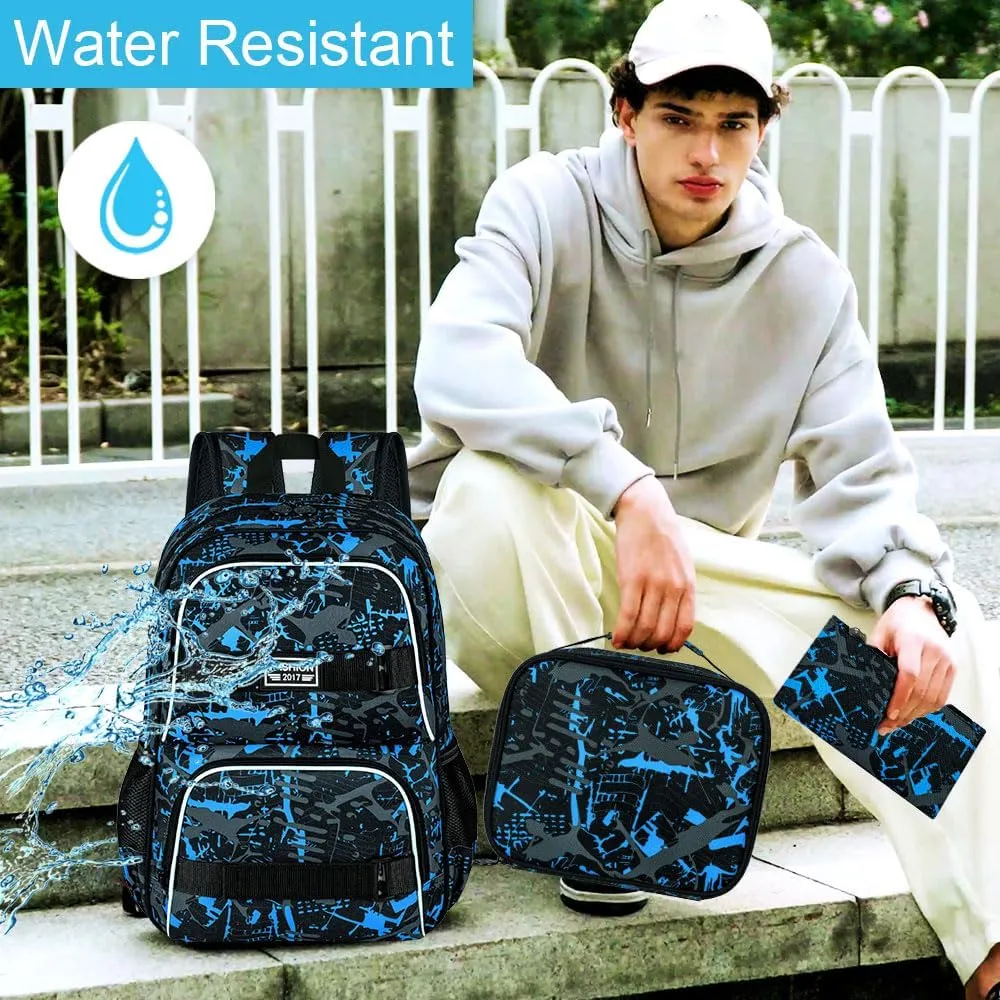17 Inches Backpack for Boys Men, 3Pcs College Laptop Backpacks with Lunch Bag, Water Resistant Graffiti School Bookbag Set for Teens Students(Blue)