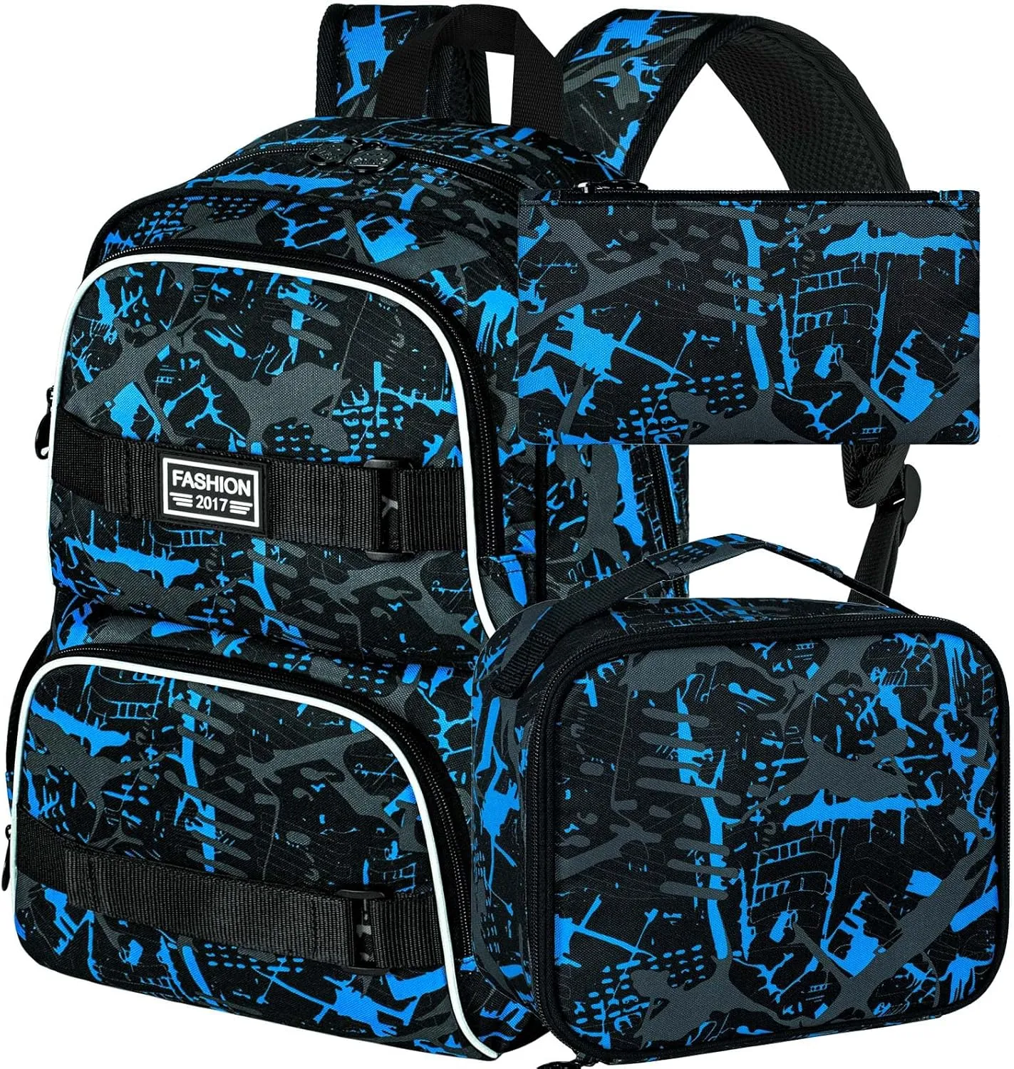 17 Inches Backpack for Boys Men, 3Pcs College Laptop Backpacks with Lunch Bag, Water Resistant Graffiti School Bookbag Set for Teens Students(Blue)