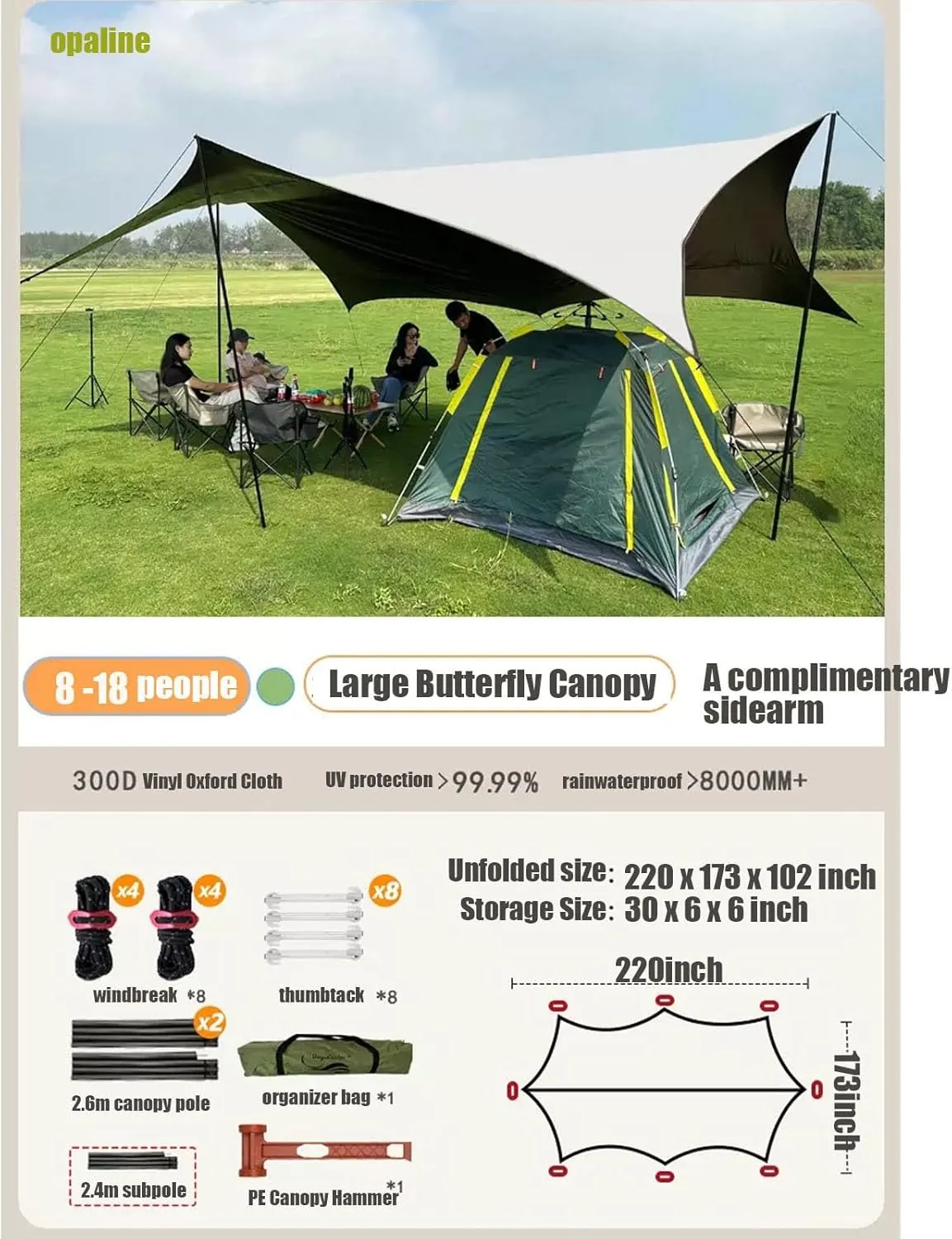 18x15ft Waterproof Portable Tarp with Poles Multifunctional Outdoor Camping Traveling Awning Backpacking Hiking Traveling Outdoor Sports(Rice-White,220x173x102inch)