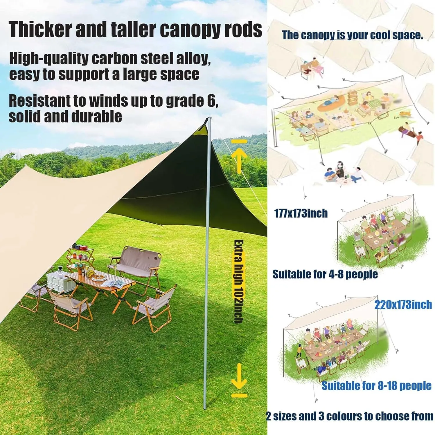 18x15ft Waterproof Portable Tarp with Poles Multifunctional Outdoor Camping Traveling Awning Backpacking Hiking Traveling Outdoor Sports(Rice-White,220x173x102inch)