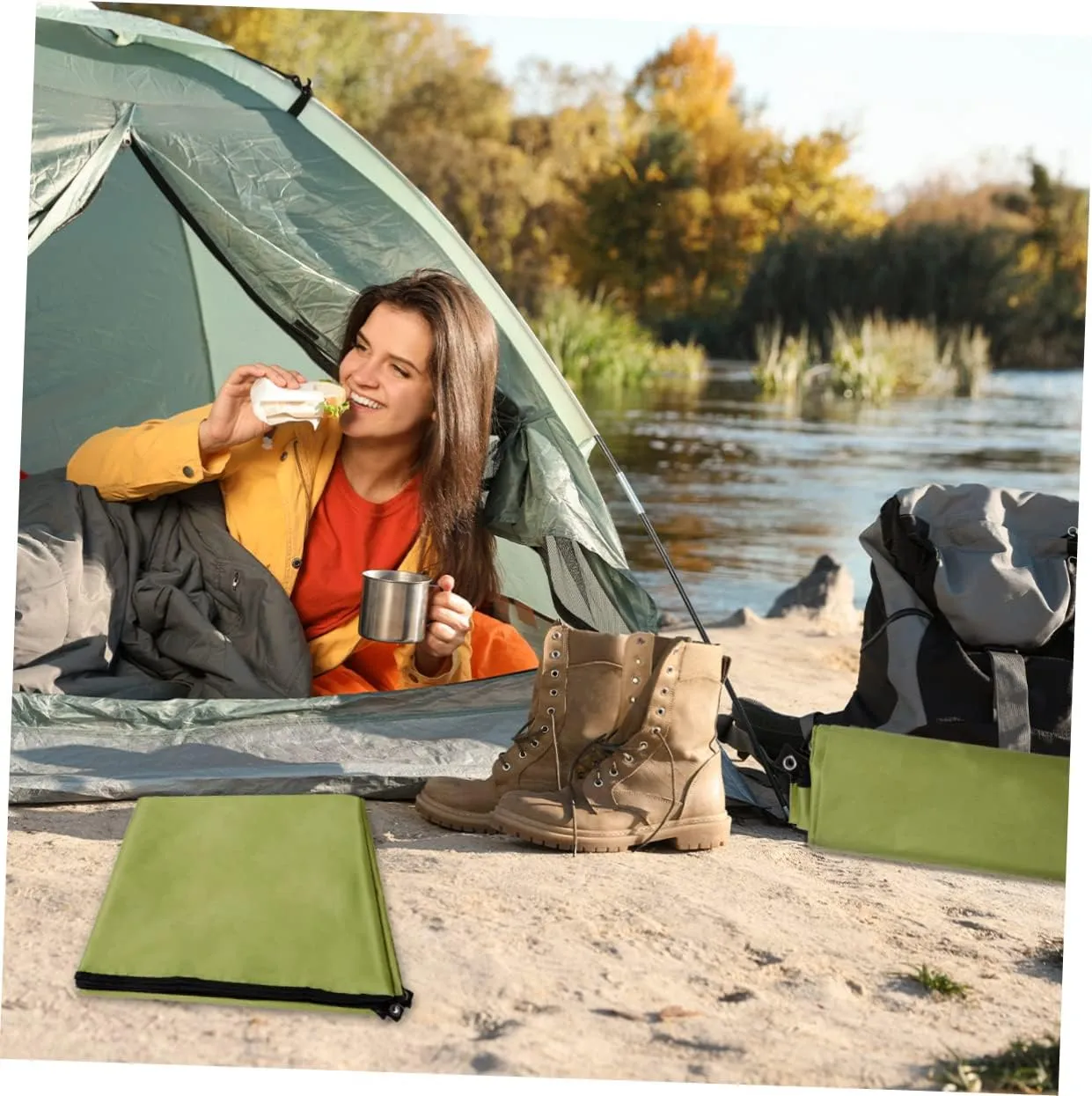 1pc Camping Mat Portable Oxford Cloth Ground Pad for Beach Hiking Outdoor Activities Uv Protection Lightweight Green