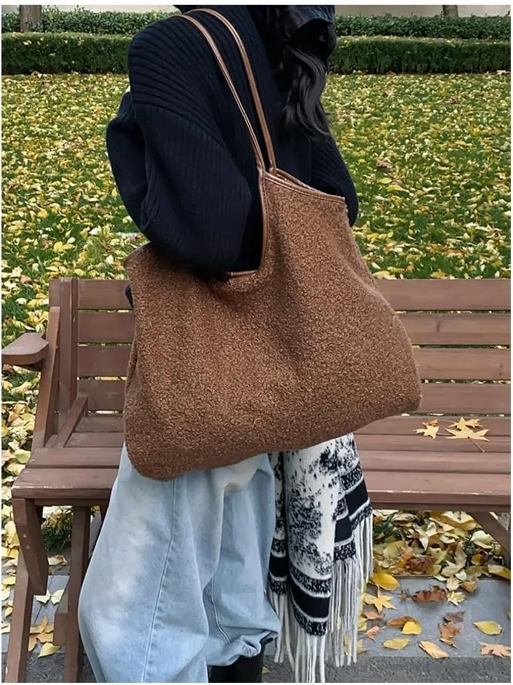 2 Pcs Trendy Woolen Hobo Bags Women Slouchy Shoulder Bag Crescent Crossbody Purse Fuzzy Satchels Top-handle Tote Handbag