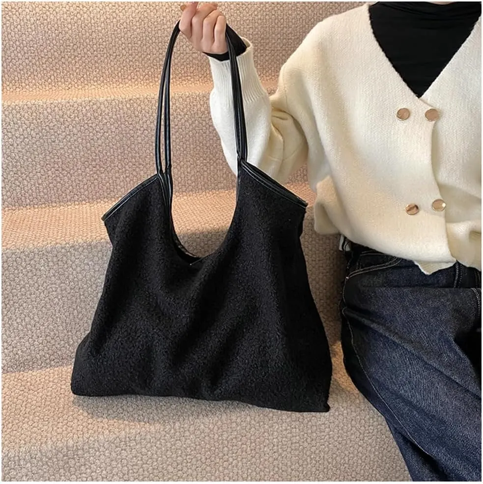 2 Pcs Trendy Woolen Hobo Bags Women Slouchy Shoulder Bag Crescent Crossbody Purse Fuzzy Satchels Top-handle Tote Handbag