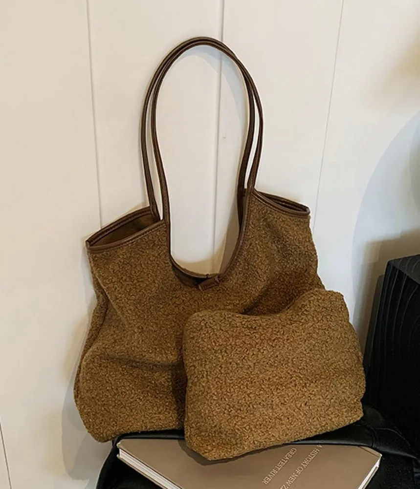 2 Pcs Trendy Woolen Hobo Bags Women Slouchy Shoulder Bag Crescent Crossbody Purse Fuzzy Satchels Top-handle Tote Handbag