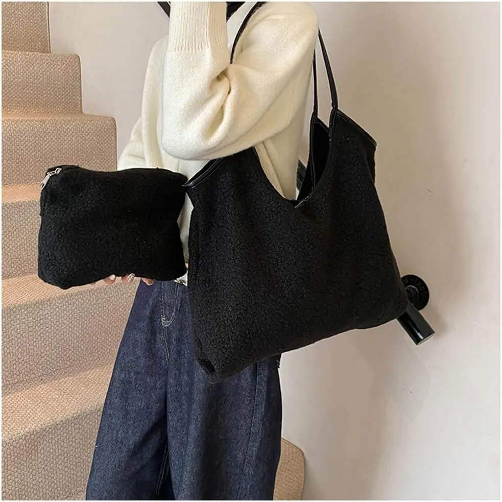 2 Pcs Trendy Woolen Hobo Bags Women Slouchy Shoulder Bag Crescent Crossbody Purse Fuzzy Satchels Top-handle Tote Handbag