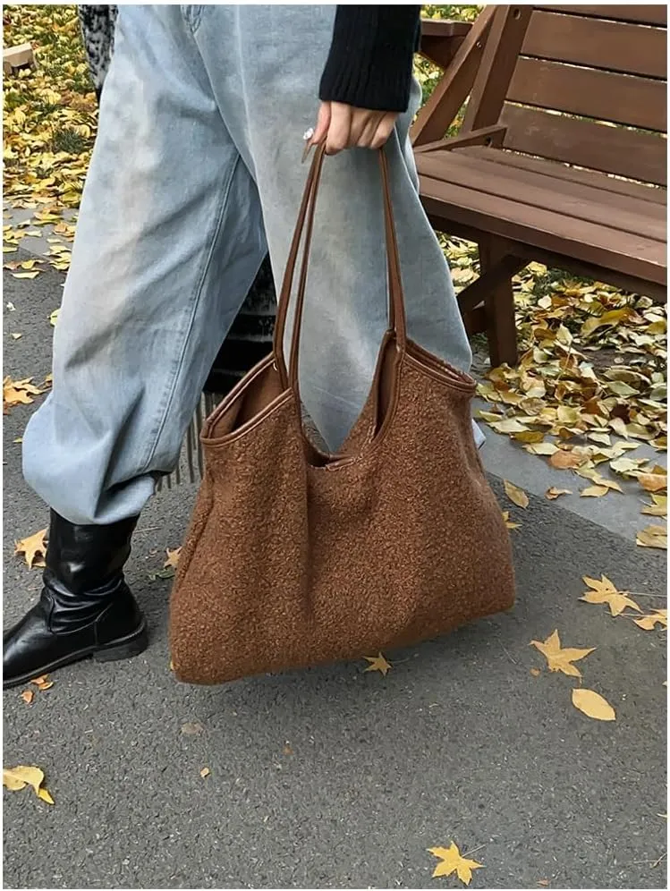 2 Pcs Trendy Woolen Hobo Bags Women Slouchy Shoulder Bag Crescent Crossbody Purse Fuzzy Satchels Top-handle Tote Handbag