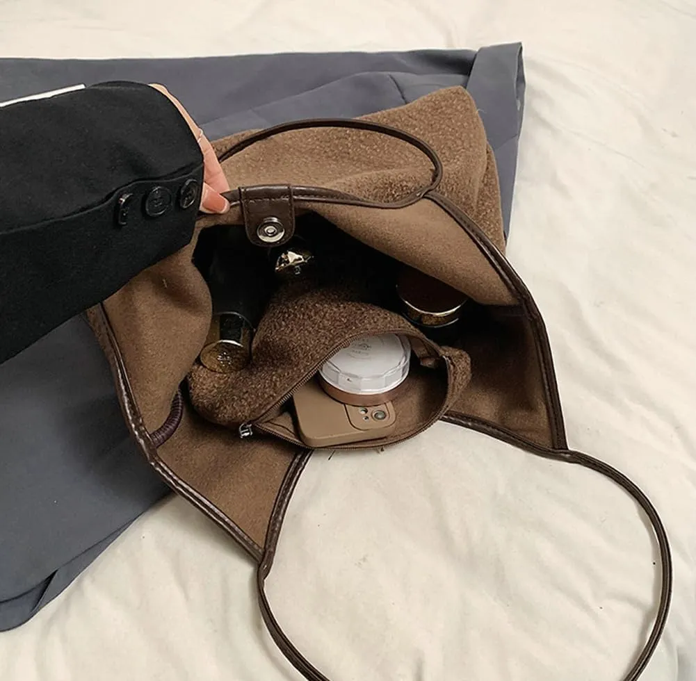 2 Pcs Trendy Woolen Hobo Bags Women Slouchy Shoulder Bag Crescent Crossbody Purse Fuzzy Satchels Top-handle Tote Handbag