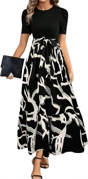 2025 Summer Fashion Elegant Temperament Curved Hem Women's Flower Round Neck Floral Printed High Waist Dresses