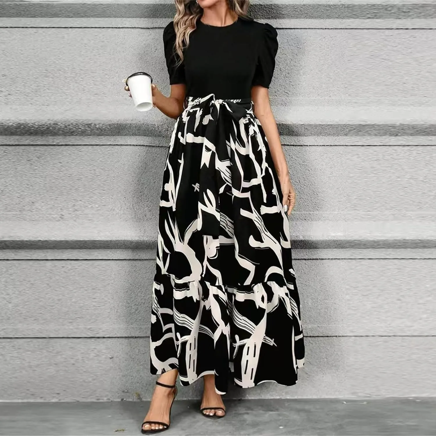 2025 Summer Fashion Elegant Temperament Curved Hem Women's Flower Round Neck Floral Printed High Waist Dresses