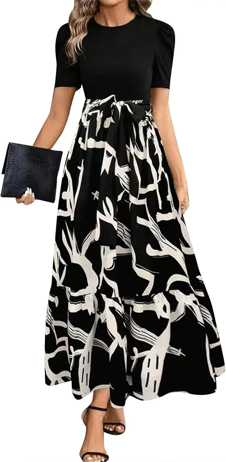 2025 Summer Fashion Elegant Temperament Curved Hem Women's Flower Round Neck Floral Printed High Waist Dresses