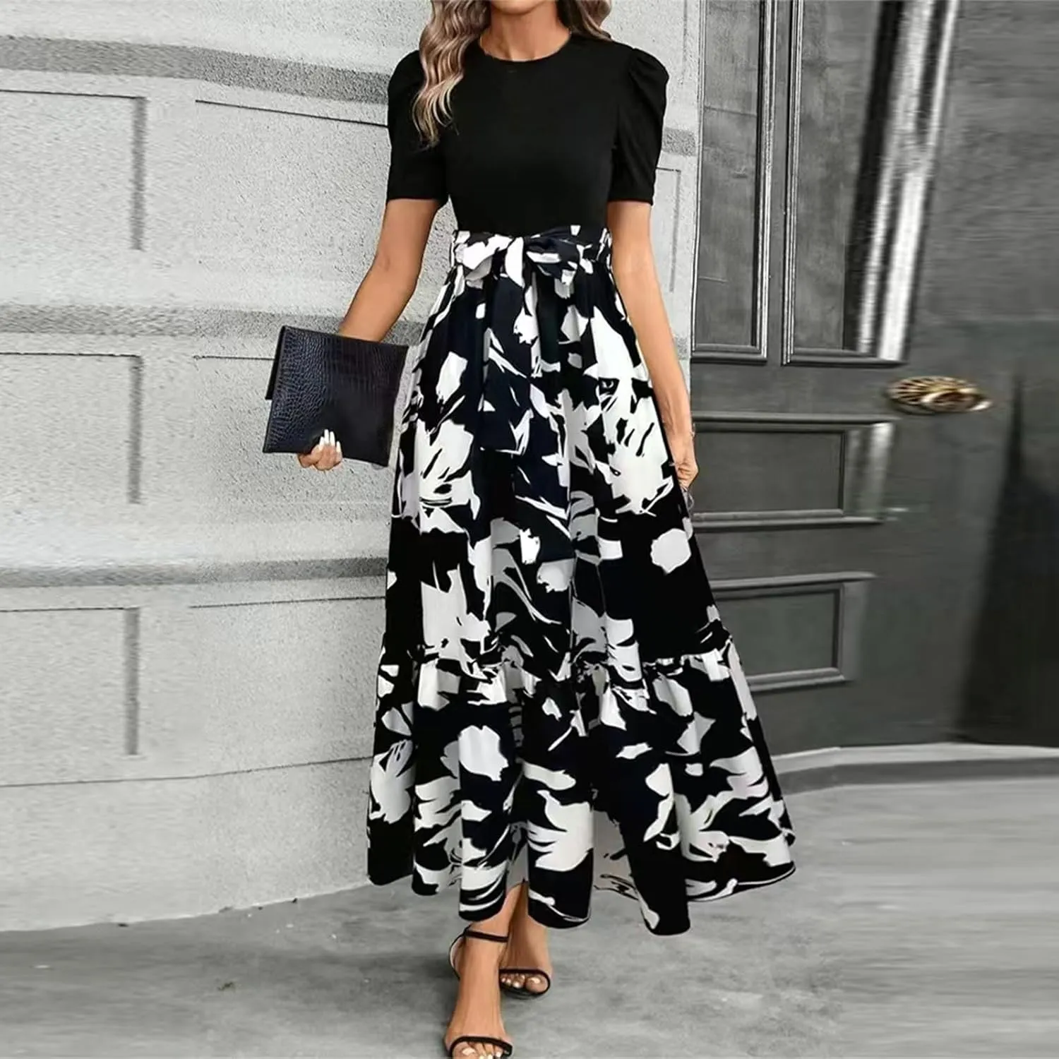 2025 Summer Fashion Elegant Temperament Curved Hem Women's Flower Round Neck Floral Printed High Waist Dresses