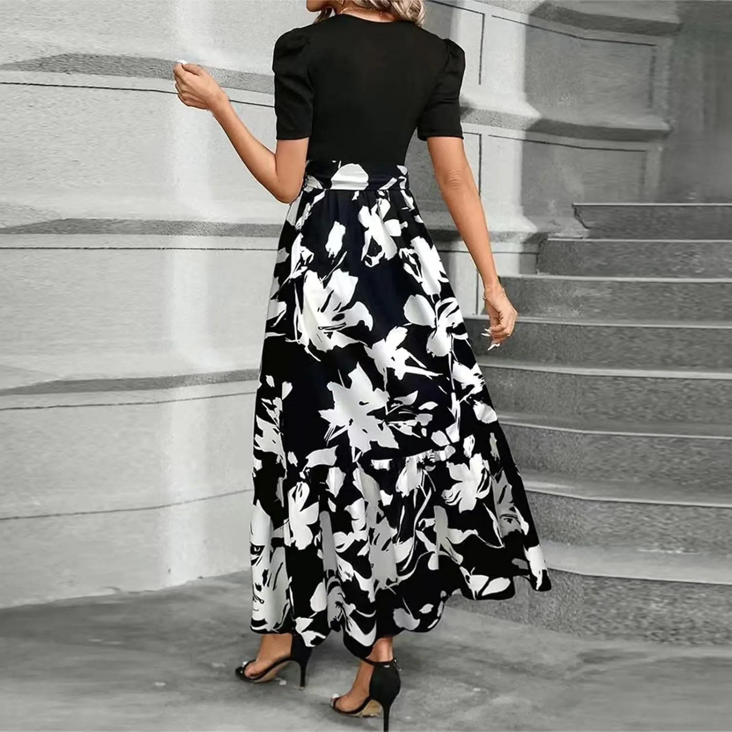 2025 Summer Fashion Elegant Temperament Curved Hem Women's Flower Round Neck Floral Printed High Waist Dresses