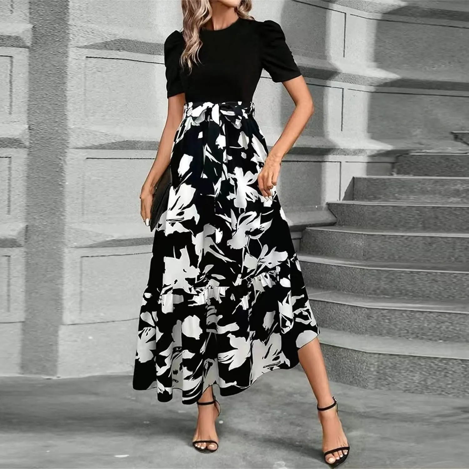 2025 Summer Fashion Elegant Temperament Curved Hem Women's Flower Round Neck Floral Printed High Waist Dresses