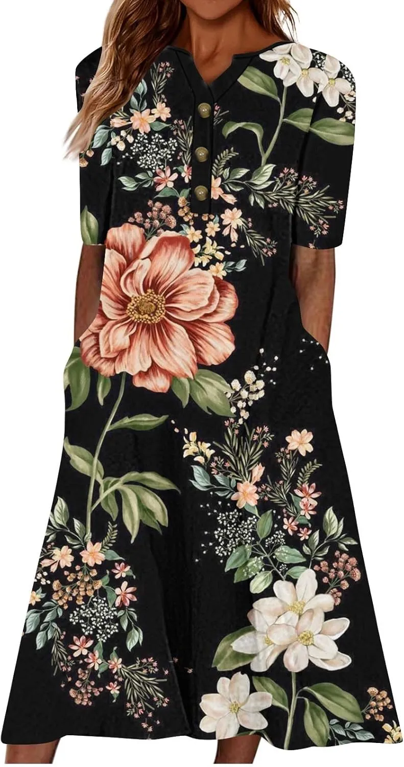 2025 Women Fashion Printed Dresses Button V-Neck Short Sleeve Casual Side Pocket Flowy Dresses Novelty Summer Clothes