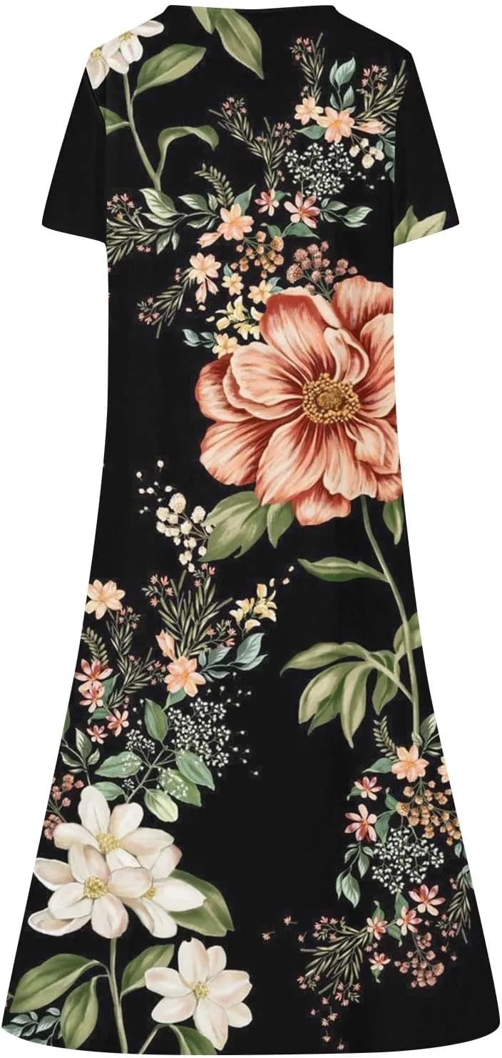 2025 Women Fashion Printed Dresses Button V-Neck Short Sleeve Casual Side Pocket Flowy Dresses Novelty Summer Clothes