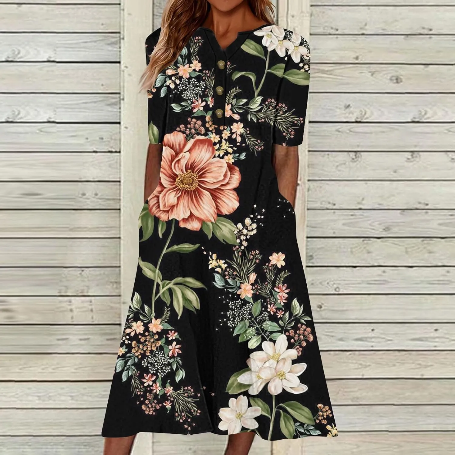 2025 Women Fashion Printed Dresses Button V-Neck Short Sleeve Casual Side Pocket Flowy Dresses Novelty Summer Clothes