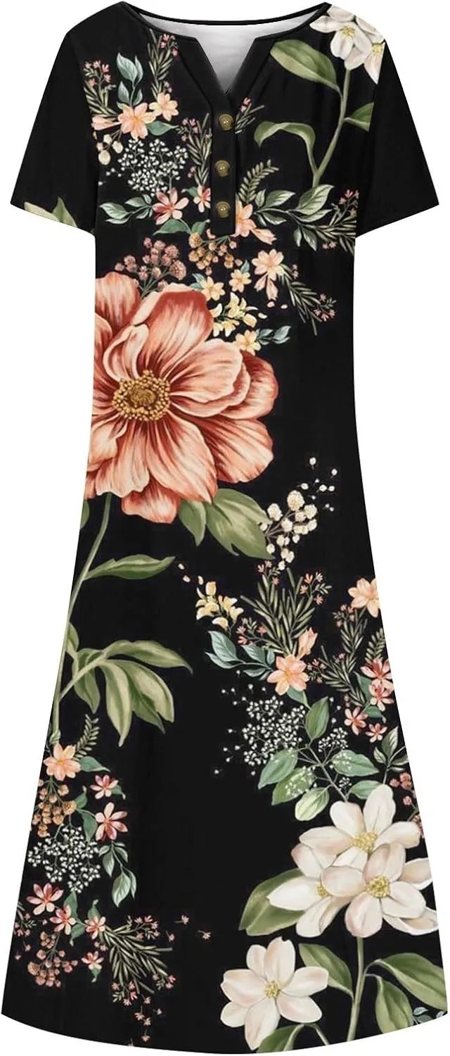 2025 Women Fashion Printed Dresses Button V-Neck Short Sleeve Casual Side Pocket Flowy Dresses Novelty Summer Clothes