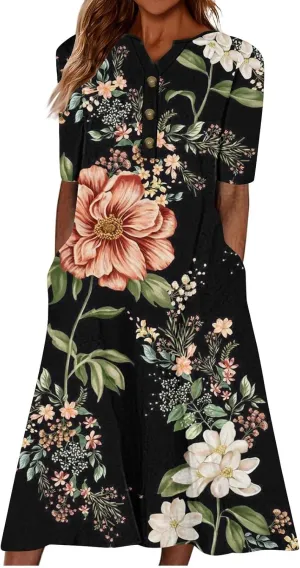 2025 Women Fashion Printed Dresses Button V-Neck Short Sleeve Casual Side Pocket Flowy Dresses Novelty Summer Clothes