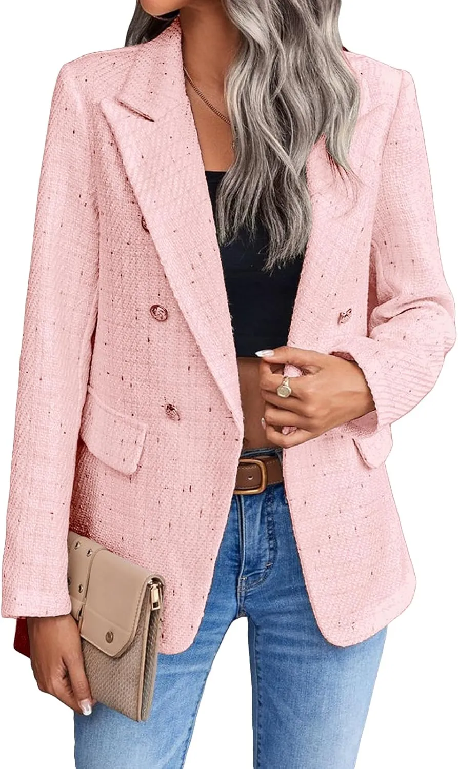 2025 Women's Spring Tweed Blazer Jacket Plaid Fully-Lined Fashion Business Casual Lapel Elegant Coat with Pockets