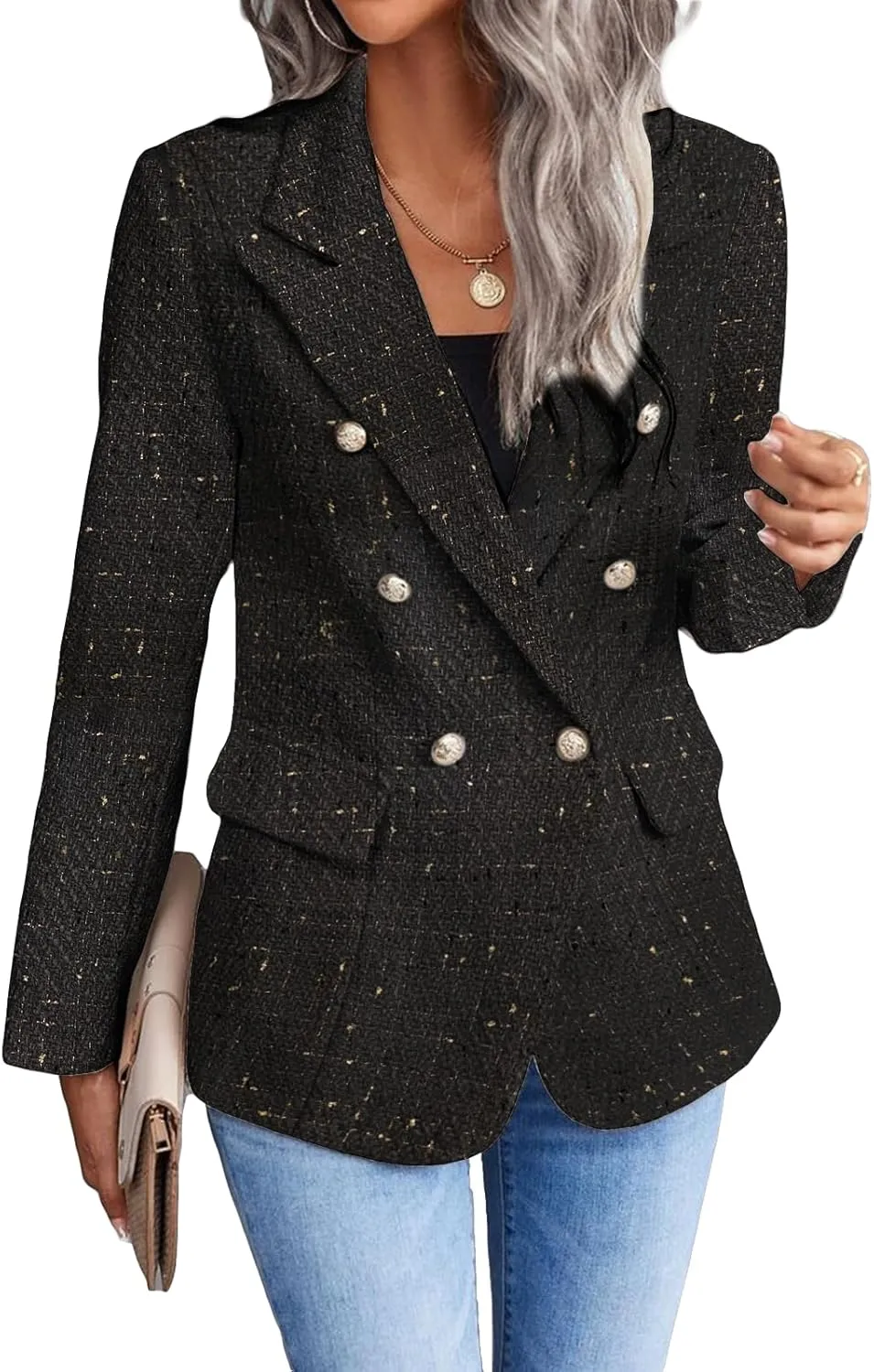 2025 Women's Spring Tweed Blazer Jacket Plaid Fully-Lined Fashion Business Casual Lapel Elegant Coat with Pockets