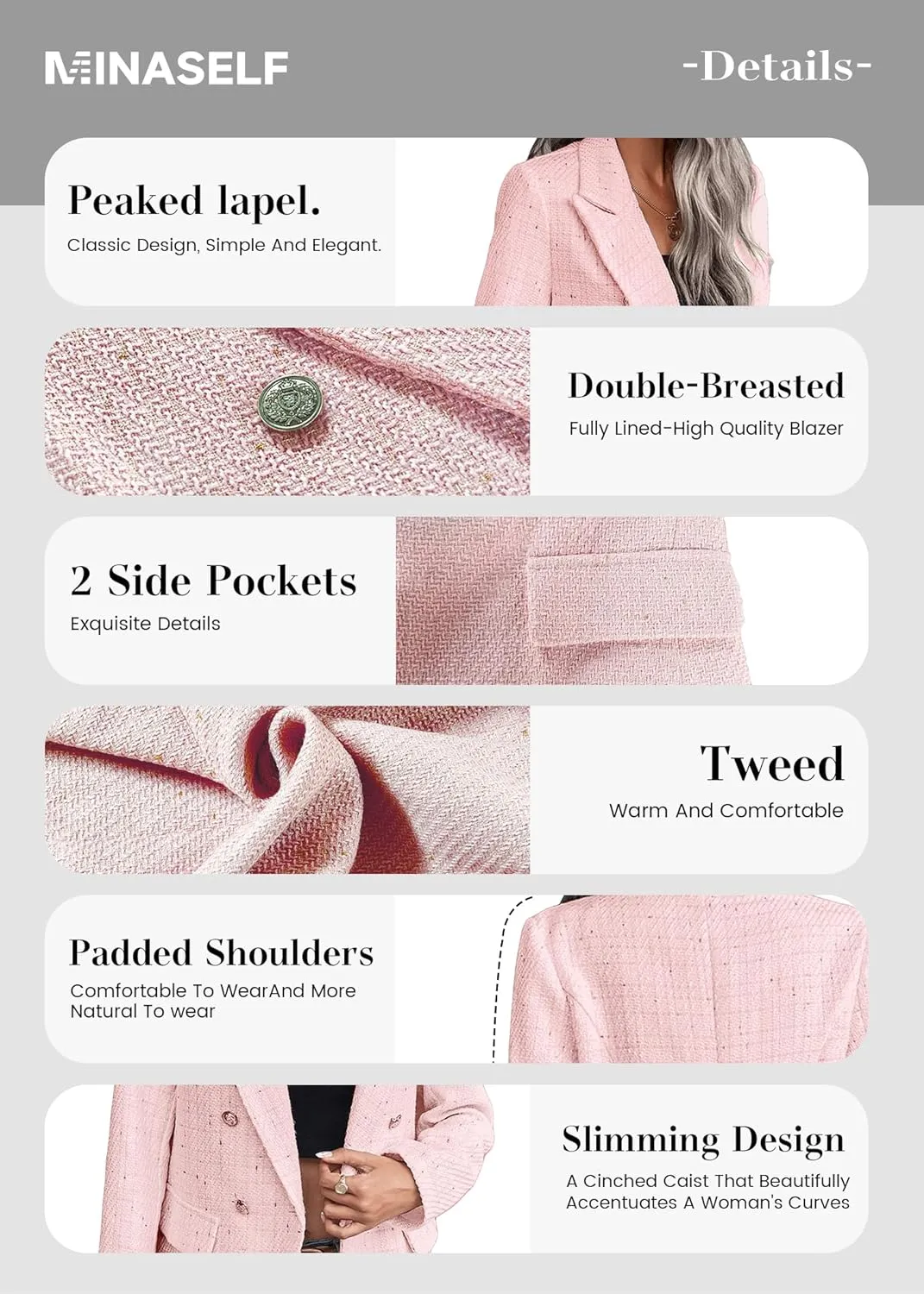 2025 Women's Spring Tweed Blazer Jacket Plaid Fully-Lined Fashion Business Casual Lapel Elegant Coat with Pockets