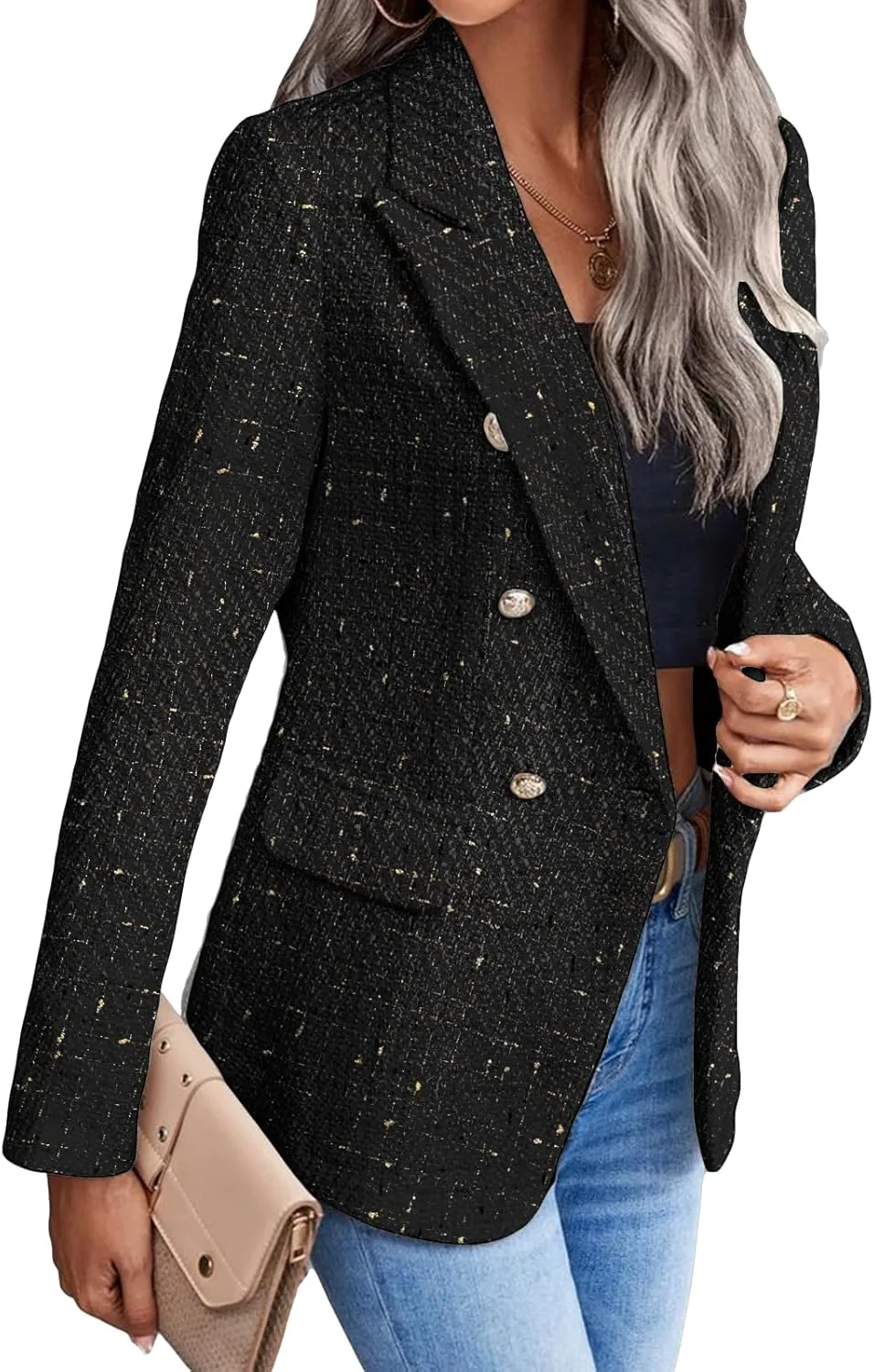 2025 Women's Spring Tweed Blazer Jacket Plaid Fully-Lined Fashion Business Casual Lapel Elegant Coat with Pockets