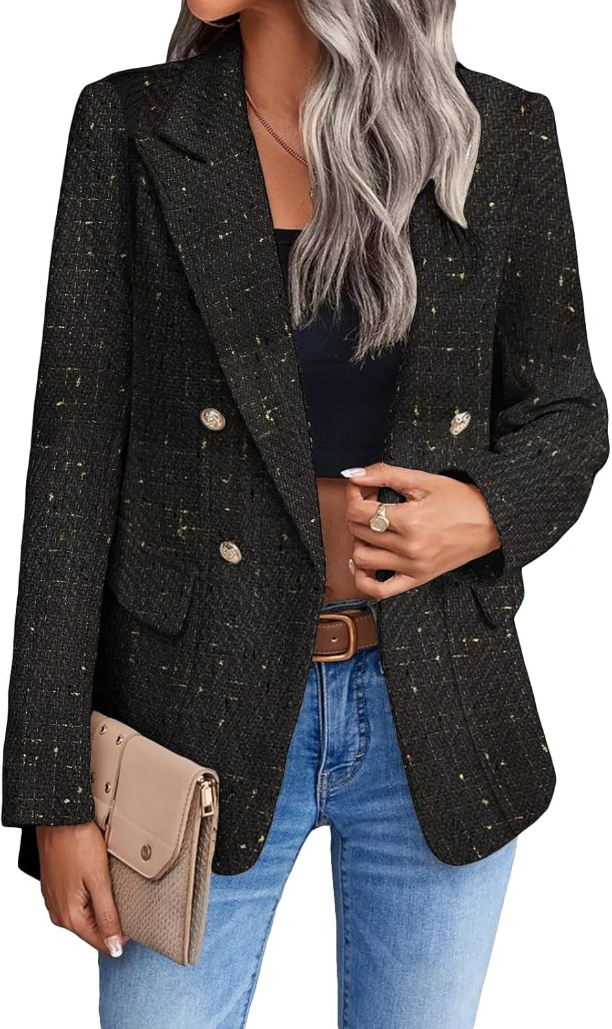 2025 Women's Spring Tweed Blazer Jacket Plaid Fully-Lined Fashion Business Casual Lapel Elegant Coat with Pockets
