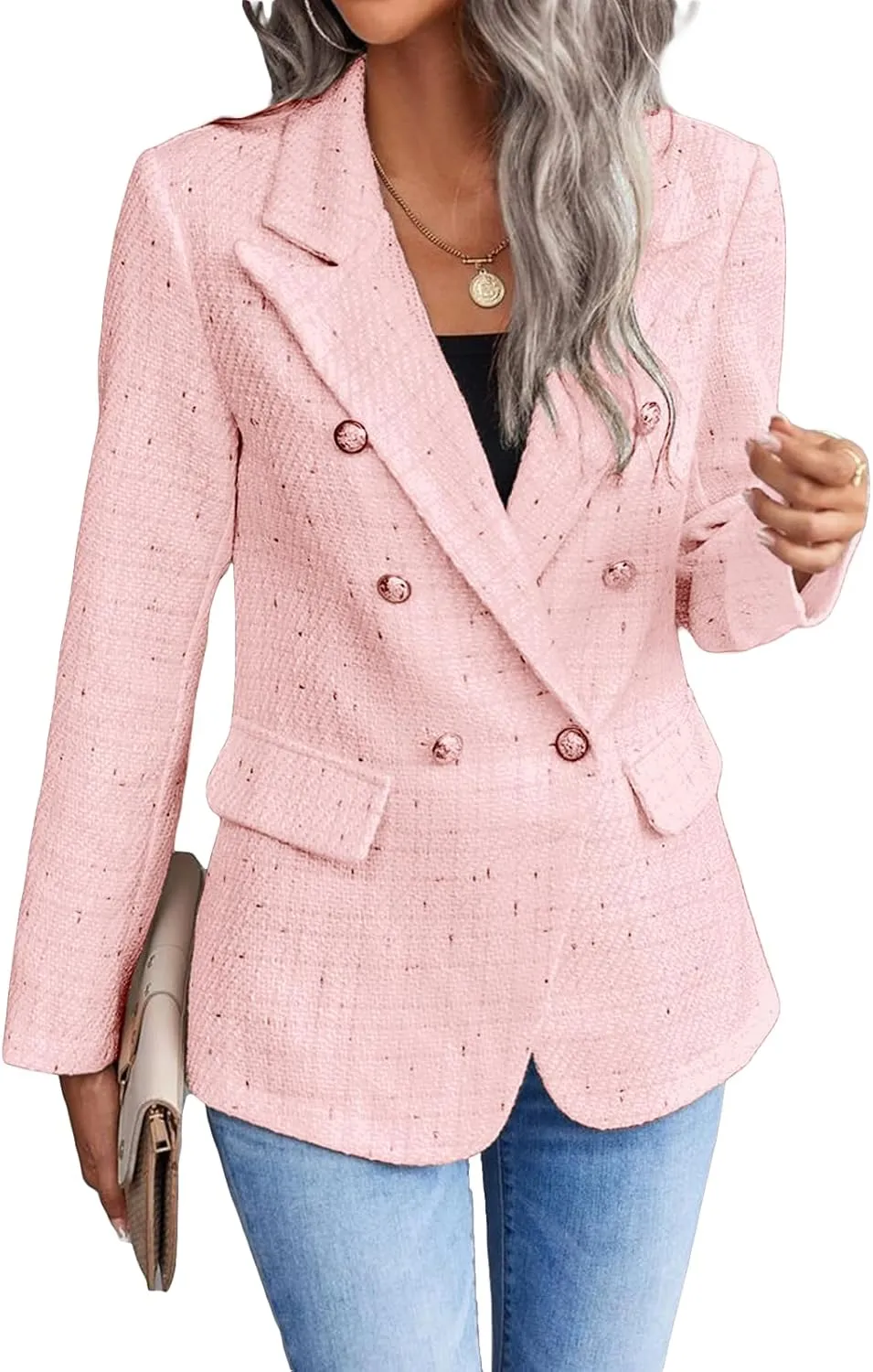 2025 Women's Spring Tweed Blazer Jacket Plaid Fully-Lined Fashion Business Casual Lapel Elegant Coat with Pockets