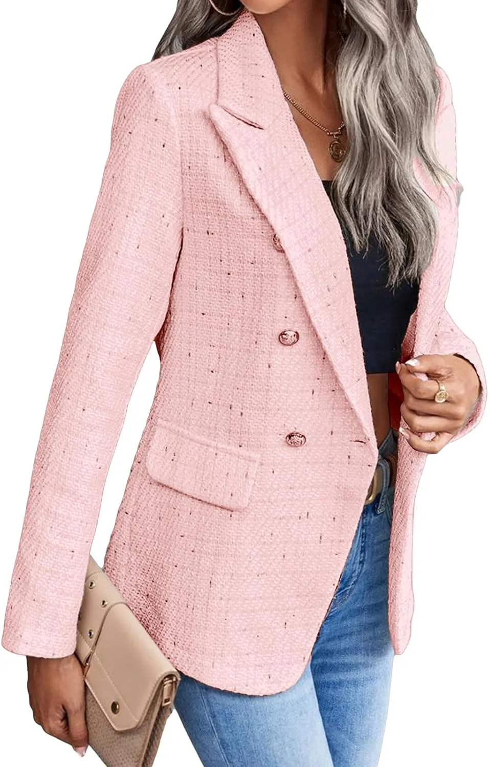 2025 Women's Spring Tweed Blazer Jacket Plaid Fully-Lined Fashion Business Casual Lapel Elegant Coat with Pockets