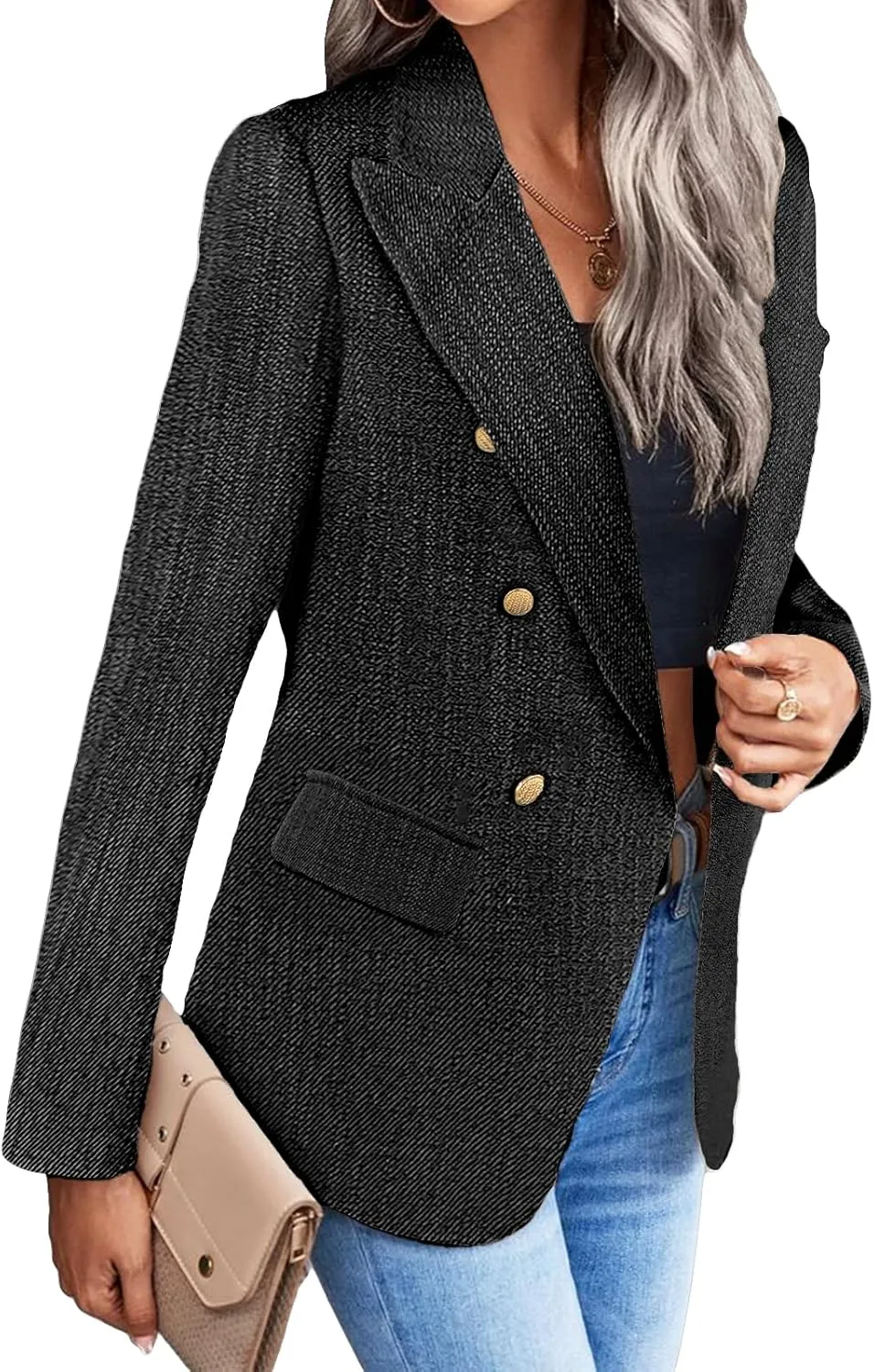 2025 Women's Spring Tweed Blazer Jacket Plaid Fully-Lined Fashion Business Casual Lapel Elegant Coat with Pockets