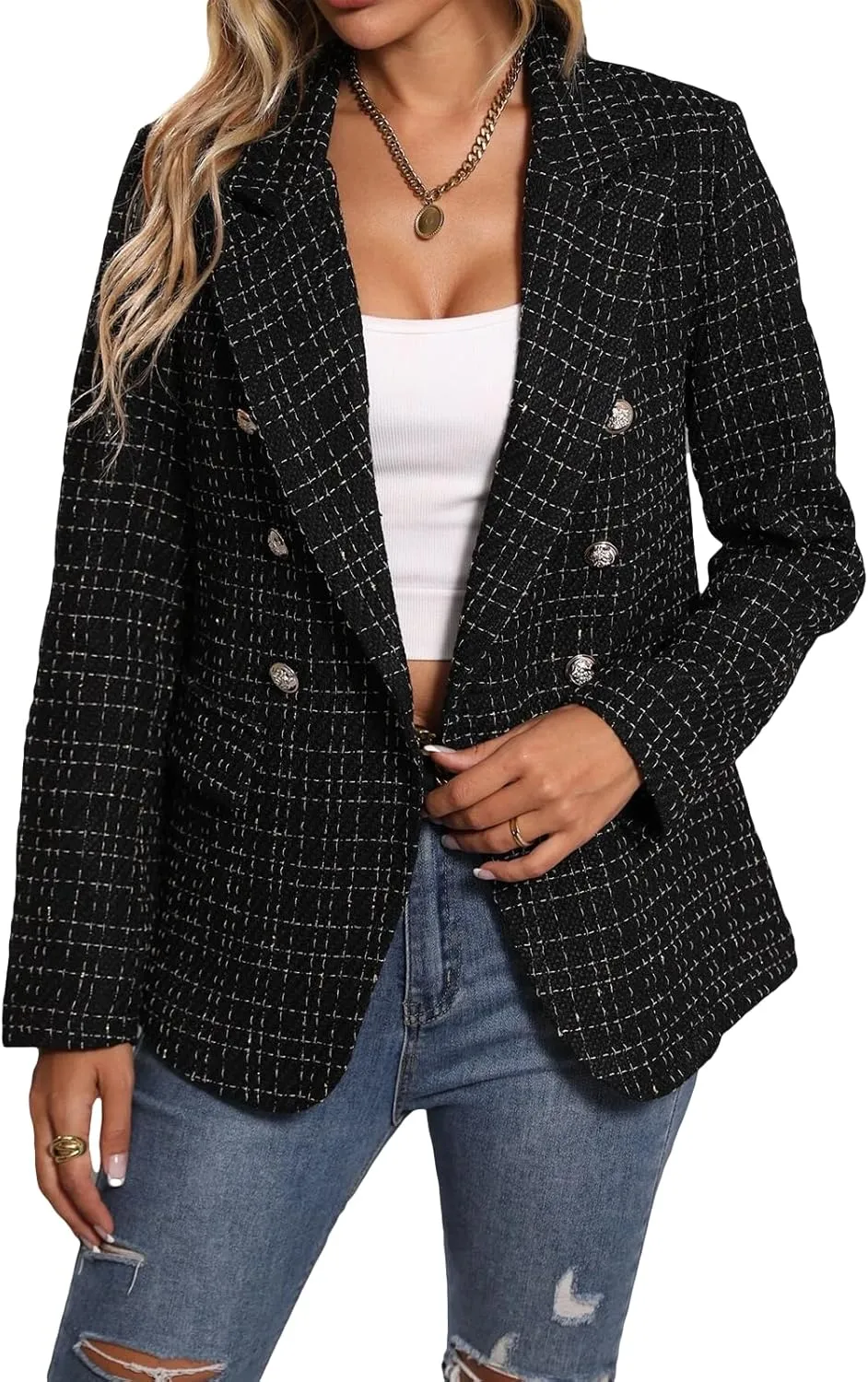 2025 Women's Spring Tweed Blazer Jacket Plaid Fully-Lined Fashion Business Casual Lapel Elegant Coat with Pockets