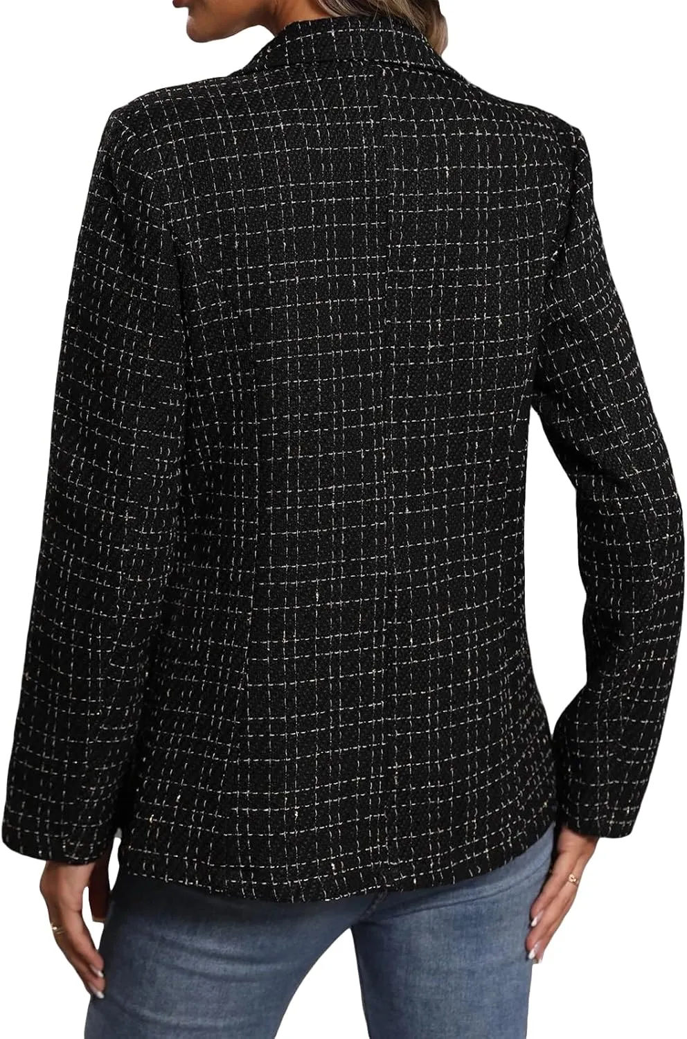 2025 Women's Spring Tweed Blazer Jacket Plaid Fully-Lined Fashion Business Casual Lapel Elegant Coat with Pockets