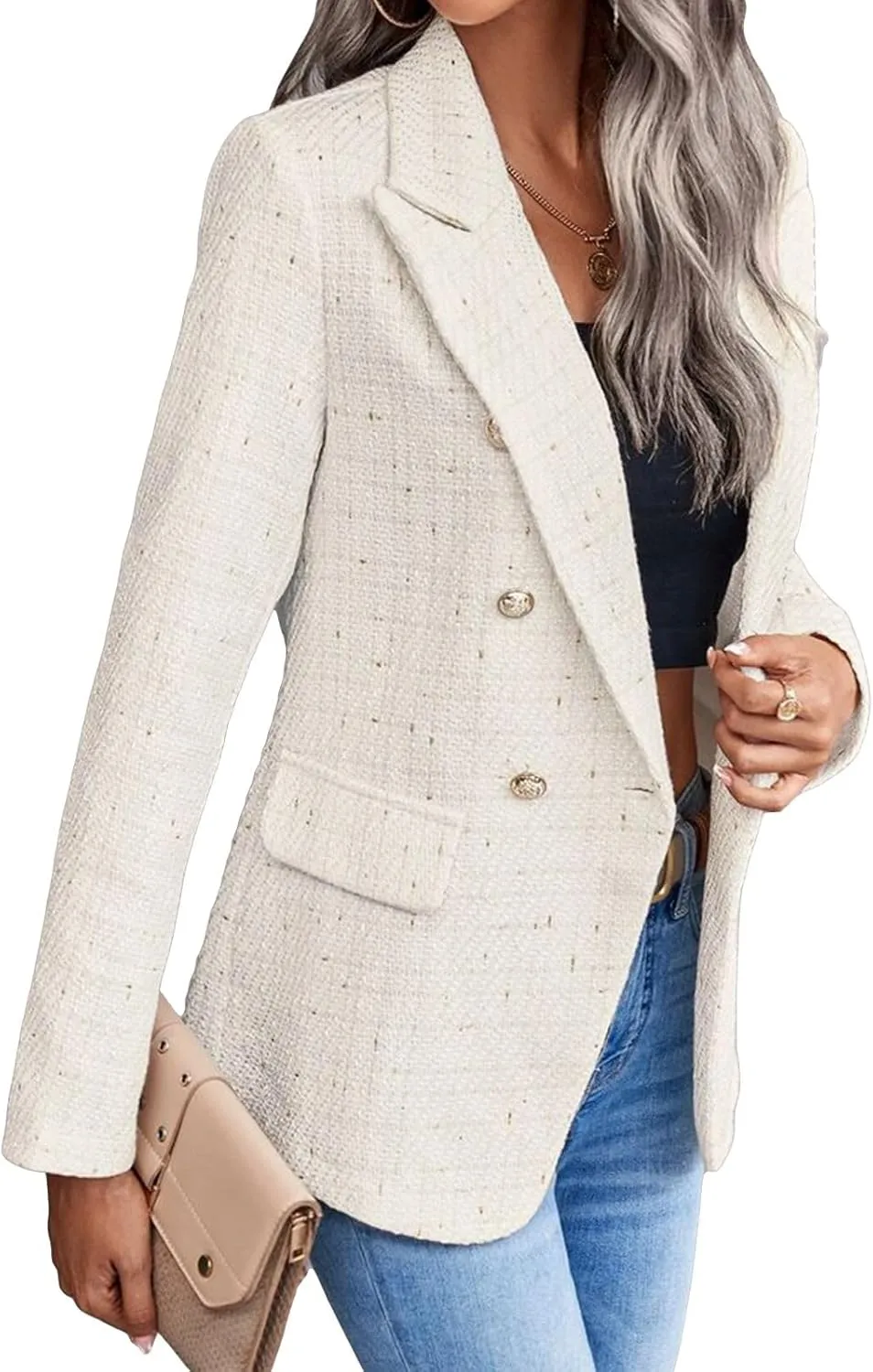 2025 Women's Spring Tweed Blazer Jacket Plaid Fully-Lined Fashion Business Casual Lapel Elegant Coat with Pockets