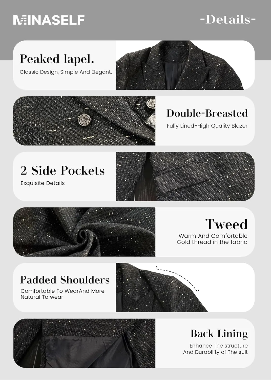 2025 Women's Spring Tweed Blazer Jacket Plaid Fully-Lined Fashion Business Casual Lapel Elegant Coat with Pockets