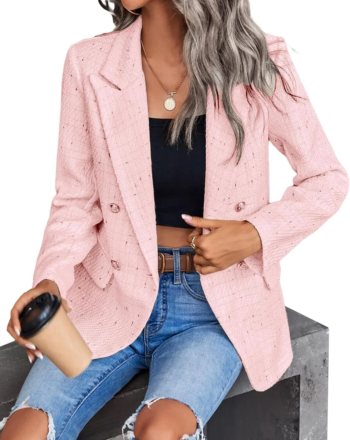 2025 Women's Spring Tweed Blazer Jacket Plaid Fully-Lined Fashion Business Casual Lapel Elegant Coat with Pockets
