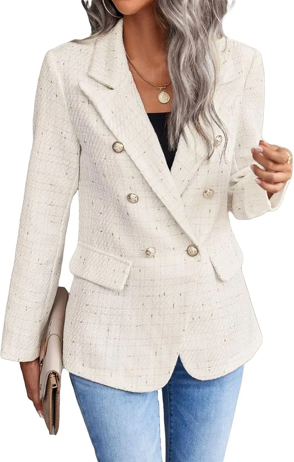2025 Women's Spring Tweed Blazer Jacket Plaid Fully-Lined Fashion Business Casual Lapel Elegant Coat with Pockets